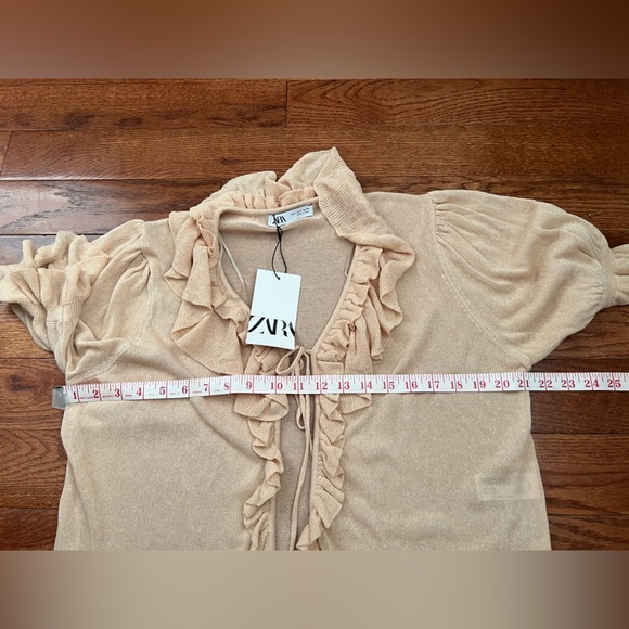 NWT!!  Zara Womens Beige Ruffle Short Puff Sleeve Open-Front Blouse Top Sz M - Picture 7 of 10